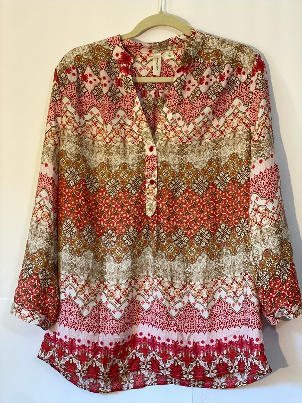 Tacera Women’s Long Sleeve Blouse - Red, Cream, and Brown / Size Large
